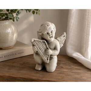 Vintage Gray Cherub Angel Playing Harp Figurine 6” Bisque Ceramic Putti